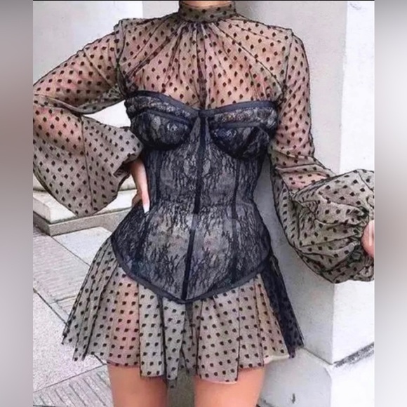 Lace mini dress with corset in Black Size L - Picture 3 of 7